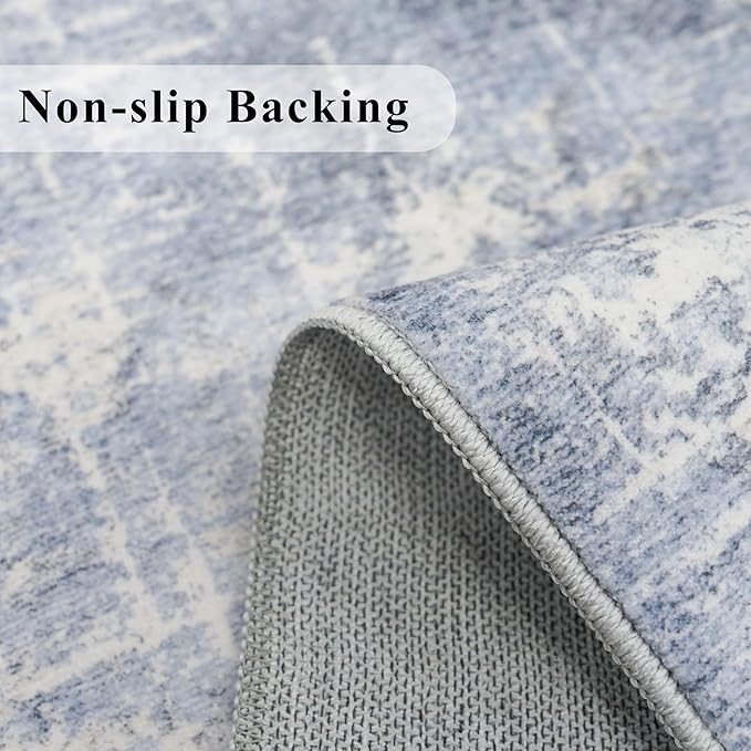 Washable Abstract 14ft Runner Rug: Non-Slip Low-Pile Rug Runner Soft Beside Carpet Indoor Farmhouse Entryway Floor Mat Bathroom Living Room Stain Resistant Area Rugs Cozy Home Decor(2'6x14,Blue/ivory)
