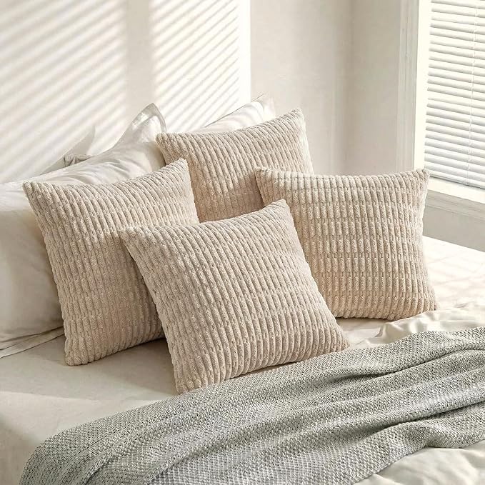 Fancy Homi 4 Packs Tan Decorative Throw Pillow Covers 22x22 Inch for Living Room Couch Bed Sofa, Beige Rustic Farmhouse Boho Home Decor, Soft Plush Striped Corduroy Square Cushion Case 55x55 cm