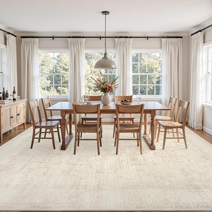 Area Rugs 9x12 Living Room: Vintage Boho Neutral Washable Rug Indoor Soft Large Area Rug Carpet for Bedroom Nursery Farmhouse Dining Room Office Floor Non-Slip Low Pile Under Table Rug Dark Beige
