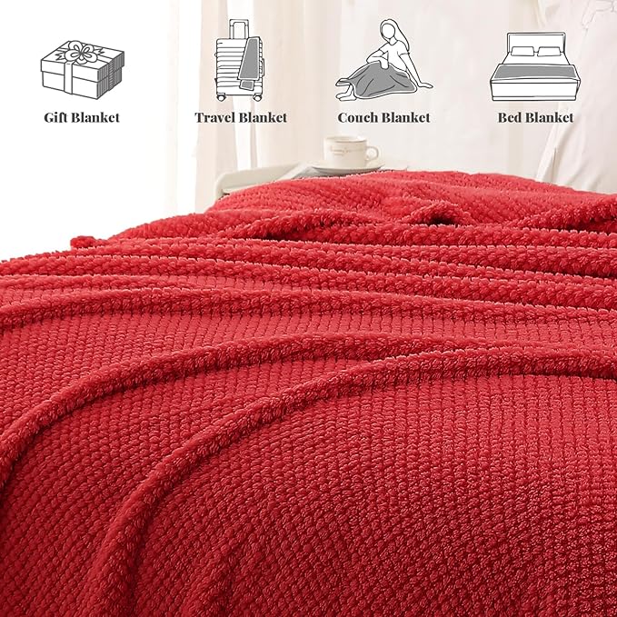 Whale Flotilla Queen Size Fuzzy Fleece Blanket for Bed, 90x90 Inch Fluffy Warm Soft Jacquard Blankets for All Season, Lightweight and Cozy, Red