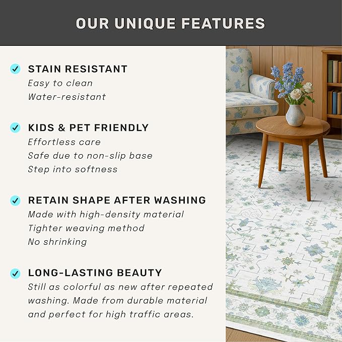 Hazo Haus Blue and Green Living Room Rug 8x10 - Cream Oushak Vintage Boho Floral Farmhouse, Washable Low Pile Non-Slip Extra Large Area Rugs for Bedroom, Girls, Boys, Playroom, Lounge