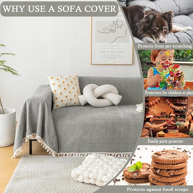 HANDONTIME Couch Slipcovers for Sofas Dark Grey Couches Cover Sofa Cover for Dogs Boho Pet Couch Protector with Tassel Sectional Throw Cover Chenille Herringbone Sofa Cover for 2 3 Seat, 91" X118"
