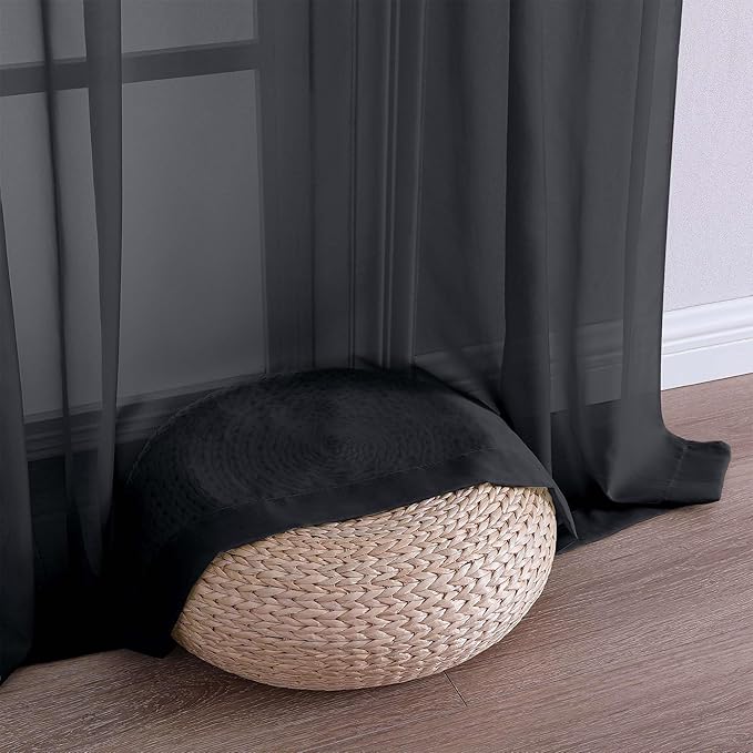 Chyhomenyc Black Sheer Valances for Windows - Light Filtering Small Kitchen Curtains, Rod Pocket Short Top Window Treatment Decor for Living Room Bathroom Basement, 42Wx16L inches, 2 Panels