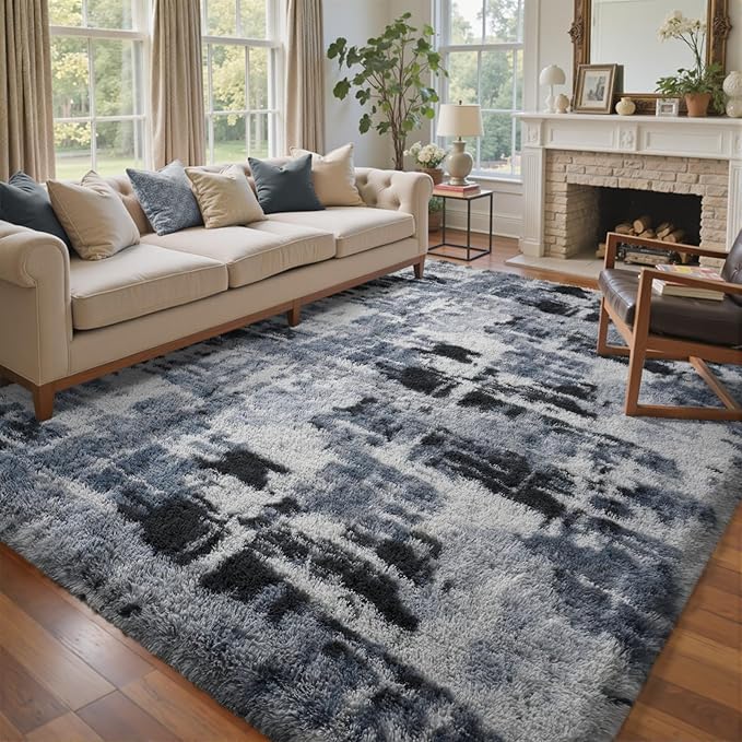 6x9 Ft Large Shag Rugs for Living Room Decor, Tie-Dyed Ultra Soft Fluffy Furry Area Rugs for Bedroom Indoor Floor, Aesthetic Carpet for Kids Home (Blue)