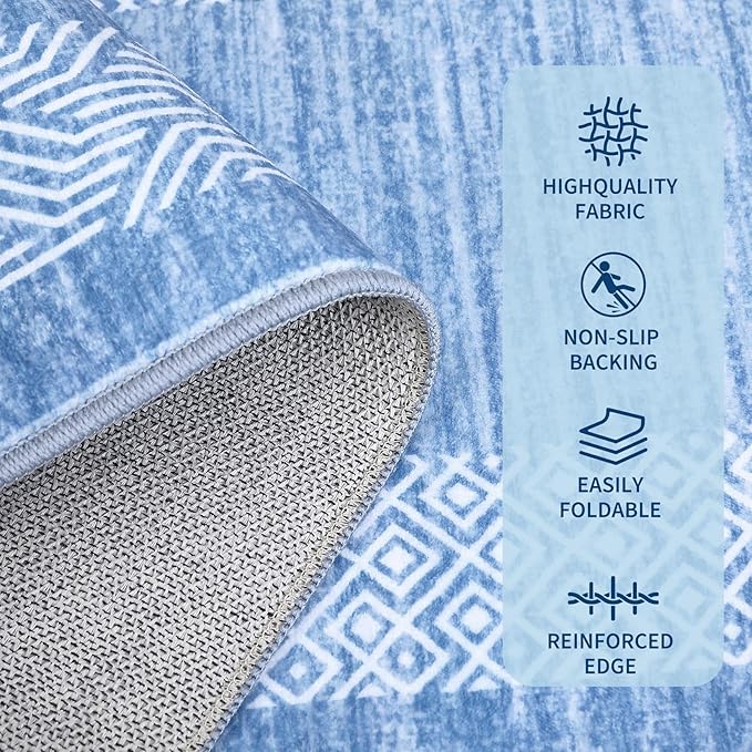 GarveeHome 2x6 Modern Bordered Runner Rug Soft Non Slip Washable Floor Carpet Distressed Geometric Hallway Indoor Printed Rug for Kitchen Entrance, Light Blue