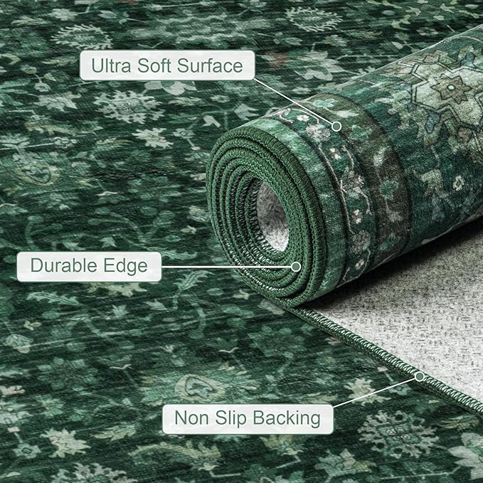 Area Rugs 9x12 Living Room Rug: Washable Rug Soft Vintage Distressed Floral Carpet Indoor Non-Slip Stain Resistant Large Carpets for Bedroom Dining Room Farmhouse Nursery Home Office Deep Green