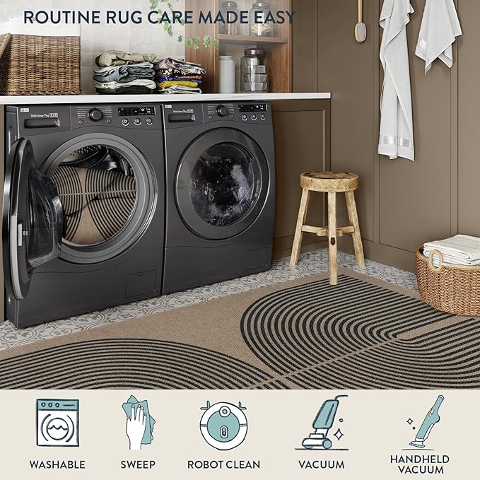 Lahome Enfys Modern Rainbow Round Rug, 3ft Small Washable Circle Carpet Natural Indoor Outdoor Patio Front Porch Rug, Farmhouse Non Slip Non Shedding Contemporary Round Mat for Entryway