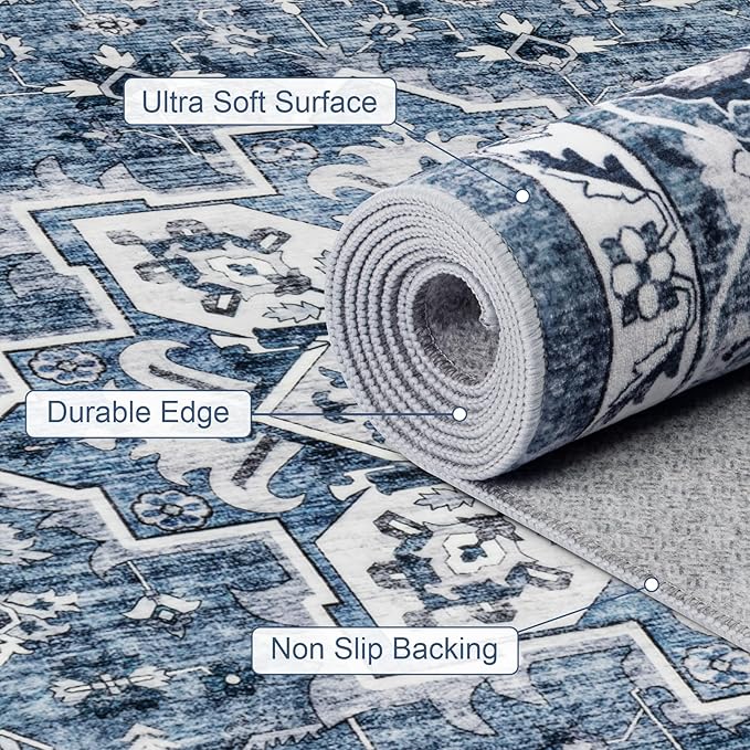 Hallway Runner Rug Non Slip - Washable 2.6x8 Kitchen Rugs for Living Room, Low-Pile Soft Bedroom Rug Indoor Floor Stain Resistant Carpets for Entryway, Laundry, Bathroom Blue