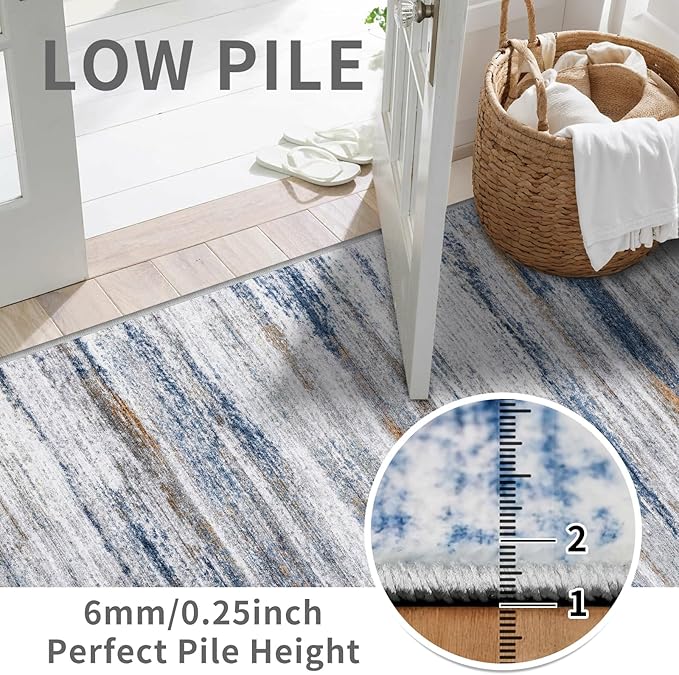 2x8 Washable Runner Rug for Family: Easy-to-Clean Runners for Hallway Entryway Bedroom - Stain and Water Resistant Rugs with Non-Slip Backing - Soft Low-Pile Carpet Navy Grey