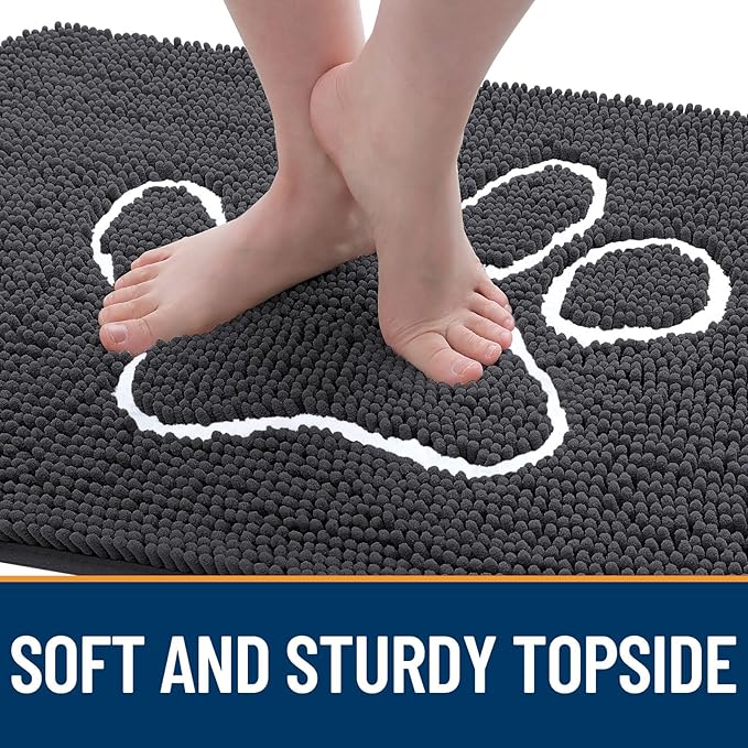 OLANLY Dog Door Mat for Muddy Paws 54x24, Paw Print Design, Absorbs Moisture and Dirt, Absorbent Non-Slip Washable Doormat, Quick Dry Chenille Mud Mat for Dogs, Entry Indoor Entryway Carpet, Dark Grey
