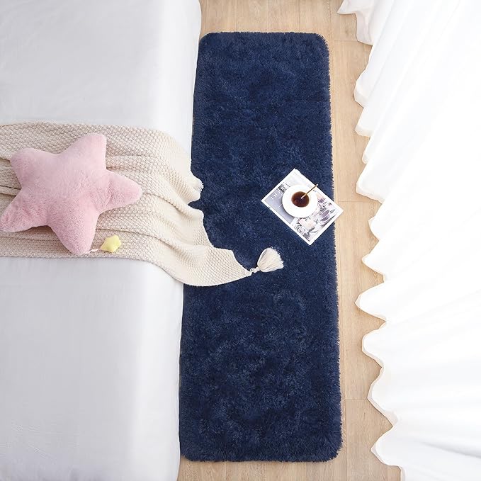 Chicrug Soft Runner Rug for Bedroom Living Room Plush Fluffy Rug 2x10 Feet, Shag Furry Runner Carpet Non Shedding for Nursery Children Kids Girls Room Home Decorative, Navy Blue