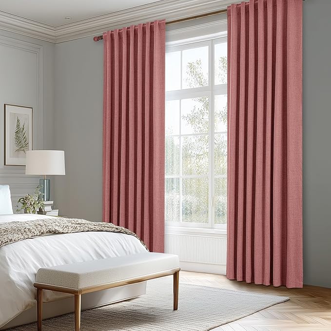 MIULEE 100% Blackout Linen Curtains for Bedroom, Dusty Rose Solid Luxury Decor Thermal Insulation Room Darkening Drapes for Living Room Nursery Back Tab Rod Pocket 42 x 96 Inches, 2 Panels