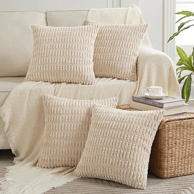Fancy Homi 4 Packs Tan Decorative Throw Pillow Covers 22x22 Inch for Living Room Couch Bed Sofa, Beige Rustic Farmhouse Boho Home Decor, Soft Plush Striped Corduroy Square Cushion Case 55x55 cm