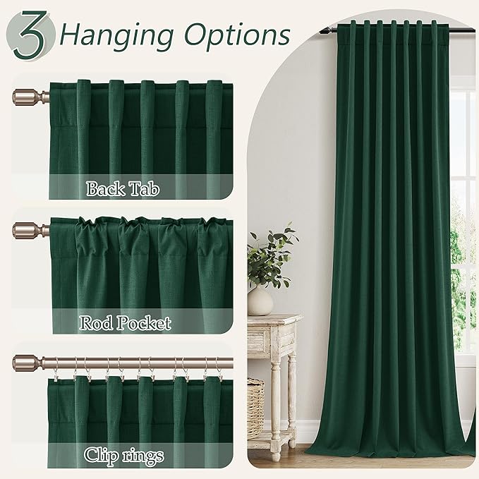 Guken Dark Green 100% Blackout Curtains 96 Inch Length 2 Panels Set for Living Room Bedroom Back Tab Thermal Insulated Black Out Linen Drapes Decor 52x96 Long