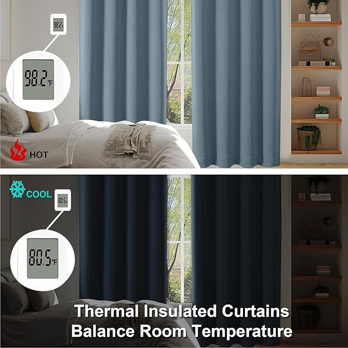 Simplebrand Ava Stone Blue Blackout Curtains for Bedroom 90 Inches Long 2 Panels Set, Solid Privacy Energy Saving Living Room Window Treatment Curtains Blackout Drapes, W50 x L90 Inch, Stone Blue