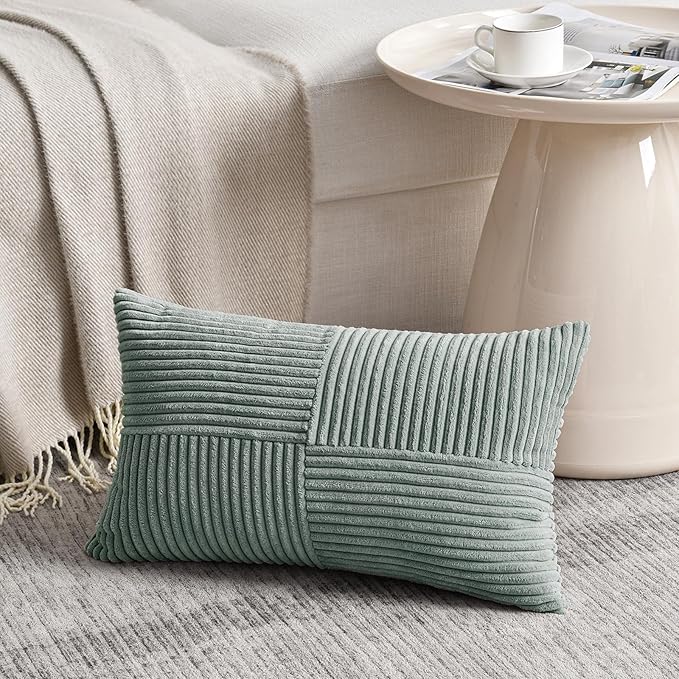 Fancy Homi 2 Packs Grey Blue Lumbar Decorative Throw Pillow Covers 16x26 Inch for Living Room Couch Bed Sofa, Farmhouse Boho Home Decor, Soft Striped Corduroy Rectangle Accent Cushion Case 65x40 cm