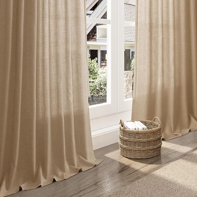 Nanspring Sand Beige Linen Curtains 84 Inch Length for Living Room Luxury Home Decor Light Filtering Semi Sheer Curtain Back Tab Simple Modern Privacy Burlap Drapes for Bedroom 52x84, 2 Panels