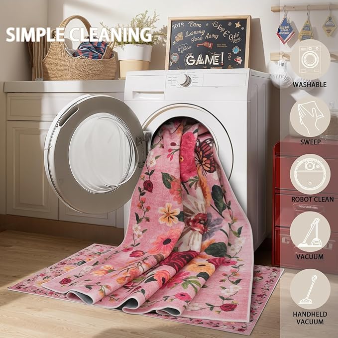 Floral Machine Washable Rug Pink, 3x5 Rug Non Slip Soft Bedroom Rugs for Entryway Dorm, Ultra-Thin Rugs for Bedroom Stain Resistan(3 x 5, Pink Garden)