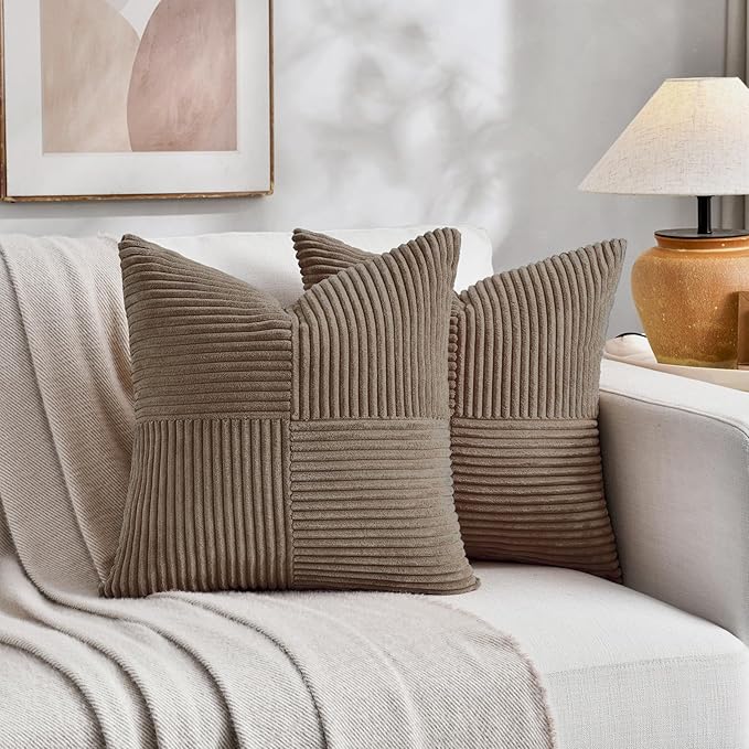 Fancy Homi Set of 2, Light Brown Patchwork Corduroy Decorative Soft Striped Modern Accent Cushion Case Farmhouse Boho Neutral Throw Pillow Covers for Chair Couch Bed Sofa Living Room 20x20 Inch