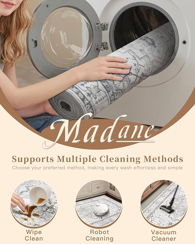 Madane Washable Area Rug 2x3, Small Entryway Rug Non-Slip Vintage Door Mat Indoor Entrance, Low Pile Floor Carpet for Inside Front Door Bedroom Kitchen Entry Laundry (2'x3', Grey)