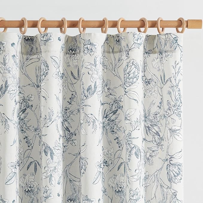 jinchan Floral Curtains 84 Inches Long Blue Flower Linen Farmhouse Curtain for Living Room French Country Vintage Curtain Rod Pocket Curtains Set 2 Panels Blue Floral Printed