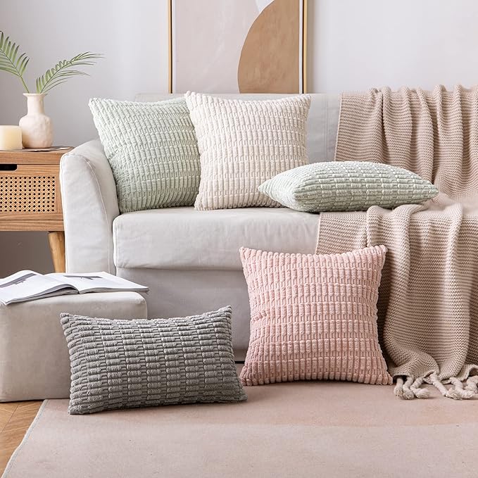 MIULEE Pack of 2 Corduroy Decorative Throw Pillow Covers 16x16 Inch Soft Boho Striped Pillow Covers Modern Farmhouse Home Decor for Sofa Living Room Couch Bed Cream White
