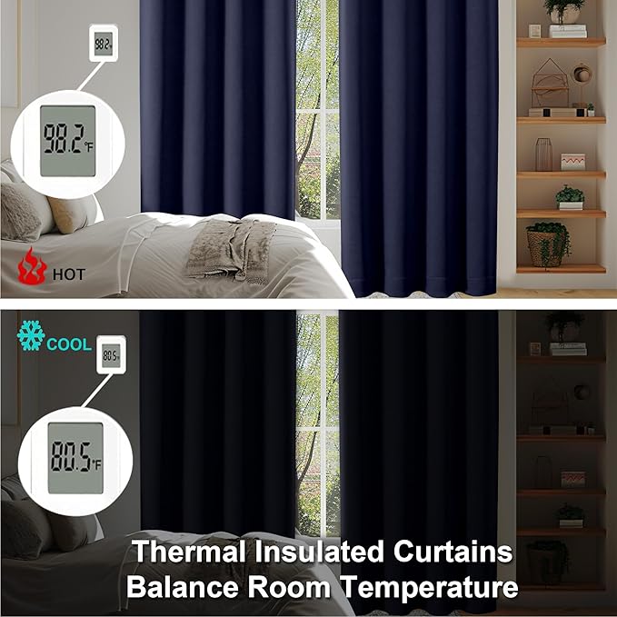 Simplebrand Ava Navy Blue Blackout Curtains for Patio 108 Inches Long 2 Panels Set, Solid Thermal Insulated Room Darkening Rod Pocket Window Treatment Curtains Blackout Drapes, W50 x L108