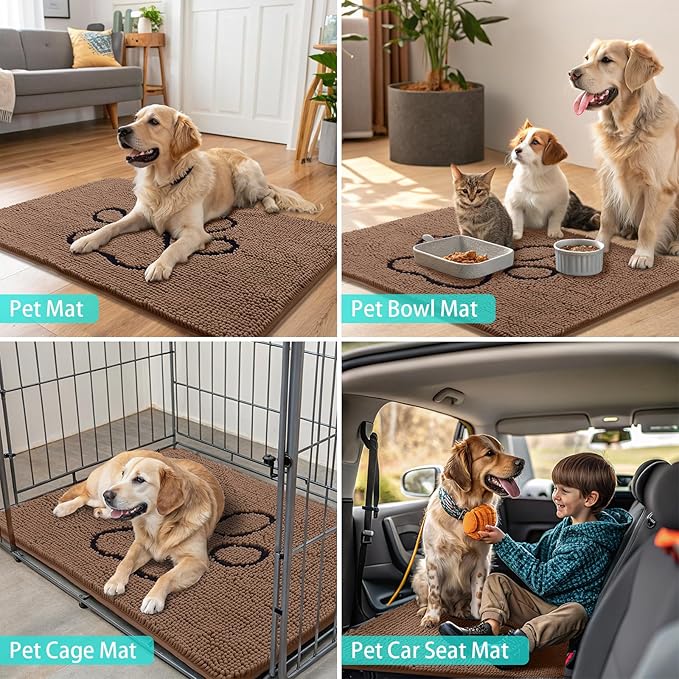 Smiry Dog Door Mat for Muddy Paws, Absorbent Dirt Trapper Non Slip Quick Dry Washable Chenille Mat for Mud Dogs, Entry Rug for Indoor and Outdoor (48x30 Inches, Camel and Black)