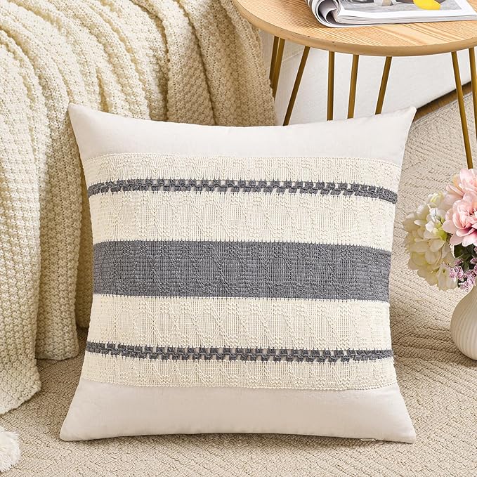 Fancy Homi Set of 1 Neutral Grey Farmhouse Decorative Throw Pillow Covers 20x20 Inch for Couch Bed Chair Indoors, Vintage Country Rustic Retro Room Decor, Soft Thick Cotton Handmade Woven Cushion Case