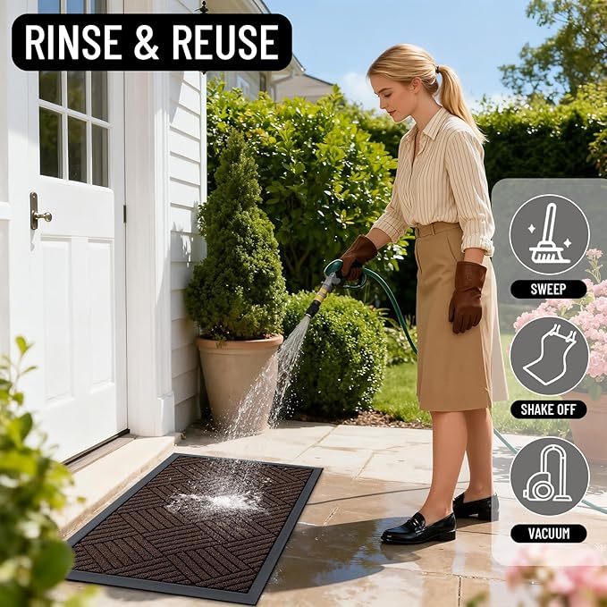 OLANLY Front Door Mat Outside Entrance 29.5x17, Absorbent, Heavy Duty Sturdy Natural Rubber Doormat Indoor Outdoor, Stain and Fade Resistant, Non-Slip Low Profile Floor Mat for Entryway, Brown Diamond