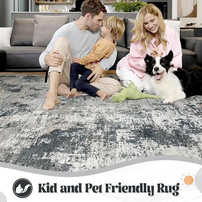 XLUEZ 6x9 Area Rugs for Living Room, Washable Modern Abstract Large Area Rug Neutral Soft Non Slip Kids Rug Stain Resistant Indoor Carpet for Bedroom Nursery Dining Room Playroom(GreyWhite, 6'x9')