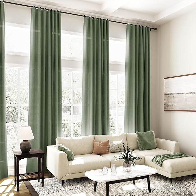 Olive Green Linen Curtains 102 Inches Long for Living Room 2 Panel Set Back Tab Rod Pocket Semi Sheer Curtains Light Filtering Burlap Extra Long Drapes Boho Farmhouse Decor for High Window 40x102