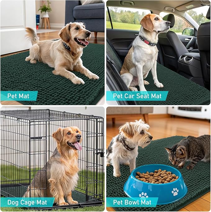 OLANLY Dog Door Mat for Muddy Paws 59x35, Absorbs Moisture and Dirt, Absorbent Non-Slip Washable Doormat, Quick Dry Chenille Mud Mat, Entry Indoor Entryway Carpet for Inside Floor, Blackish Green