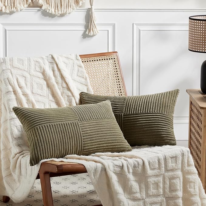 Fancy Homi 2 Packs Olive Green Long Lumbar Decorative Throw Pillow Covers 12x24 Inch for Couch Bed Sofa, Rustic Farmhouse Boho Home Decor, Soft Striped Corduroy Rectangle Accent Cushion Case 30x60 cm