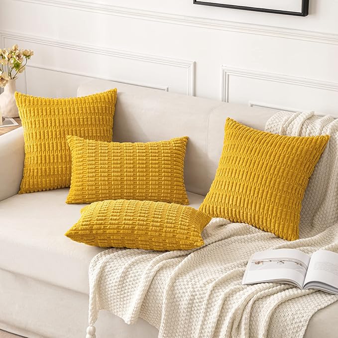 MIULEE Pack of 2 Corduroy Decorative Euro Sham Throw Pillow Covers 24x24 Inch Soft Boho Striped Pillow Covers Modern Farmhouse Home Decor for Summer Sofa Living Room Couch Bed Mustard Yellow