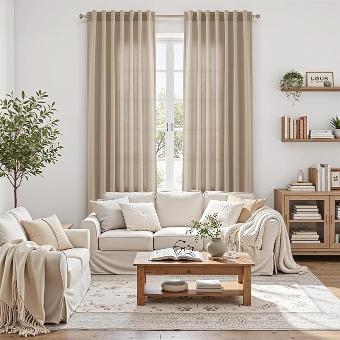 Sepia Beige Linen Curtains 90 Inches Long for Living Room Rustic Farmhouse Decor Light Filtering Semi Sheer Curtain Back Tab Rod Pocket Neutral Modern Luxury Drapes for Bedroom Office 52x90, 2 Panels