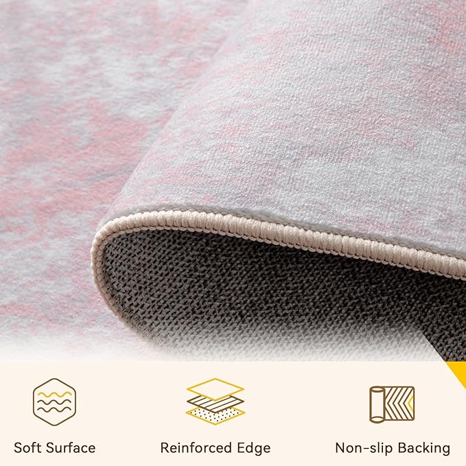 Washable Area Rugs 6'x8' Non-Slip Modern Abstract Soft for Living Room Entryway Bedroom Nursery, Print Pattern, Grey Pink