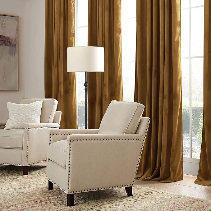 RYB HOME Gold Brown Velvet Curtains 102 inches with Hook Belt, Soft Fabric Room Darkening Thermal Insulated Luxurious Home Decor Curtains for Living Room Bedroom, W 52" x L 102", 2 Panels Set