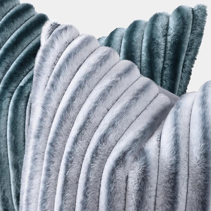 decorUhome Cozy Faux Fur Throw Pillow Covers 22x22 Set of 2 Decorative Soft Plush Striped Modern Farmhouse Boho Couch Euro Sham Pillow Cases with Velvet Back for Sofa Bed Living Roomr, Grey White