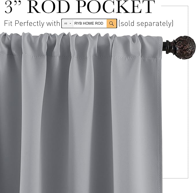 RYB HOME Half Curtain Tiers 36 inch Length, Rod Pocket Summer Heat Blocking Thermal Insulated Short Blackout Curtains for Small Window, Width 34 by Length 36, Silver Grey, 2 Panels