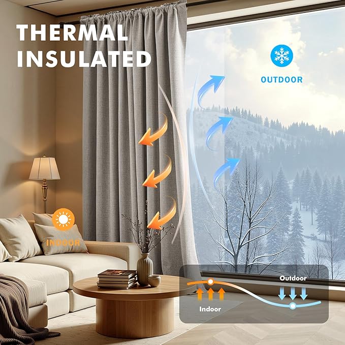 MIULEE 100% Blackout Linen Curtains for Bedroom,Greige Solid Luxury Decor Thermal Insulation Room Darkening Drapes for Living Room Nursery Back Tab Rod Pocket 42 x 108 Inches, 2 Panels