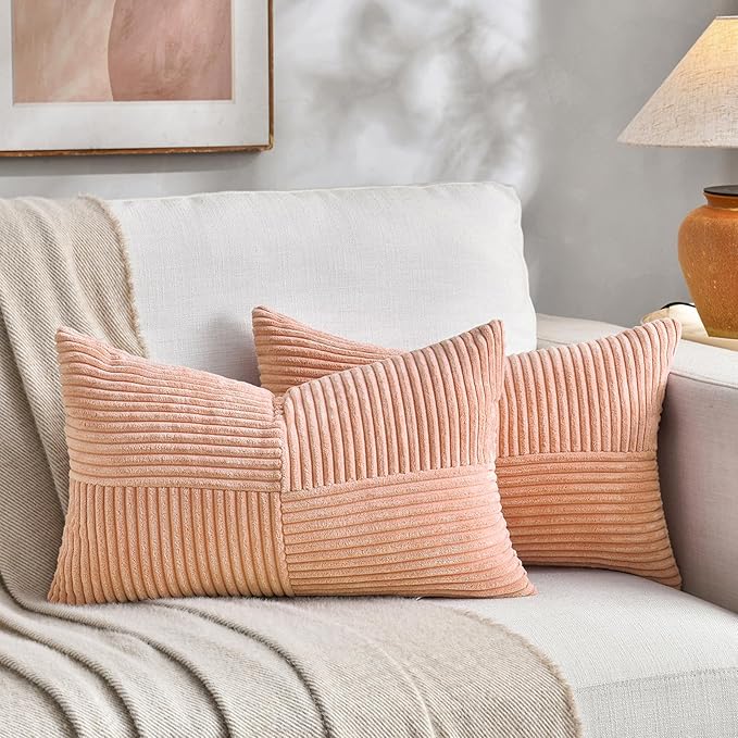 Fancy Homi 2 Packs Peach Long Lumbar Decorative Throw Pillow Covers 16x24 Inch for Couch Bed Sofa, Rustic Farmhouse Boho Home Decor, Soft Striped Corduroy Rectangle Accent Cushion Case 40x60 cm