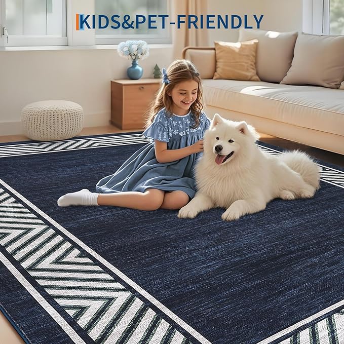 GarveeHome Washable Hallway Rug 2x6 Narrow Modern Bordered Floor Runner, Non-Shedding Contemporary Bedside Rug, Foldable Ultra-Thin Carpet Runner for Bedroom, Kitchen, Laundry Room, Navy Blue