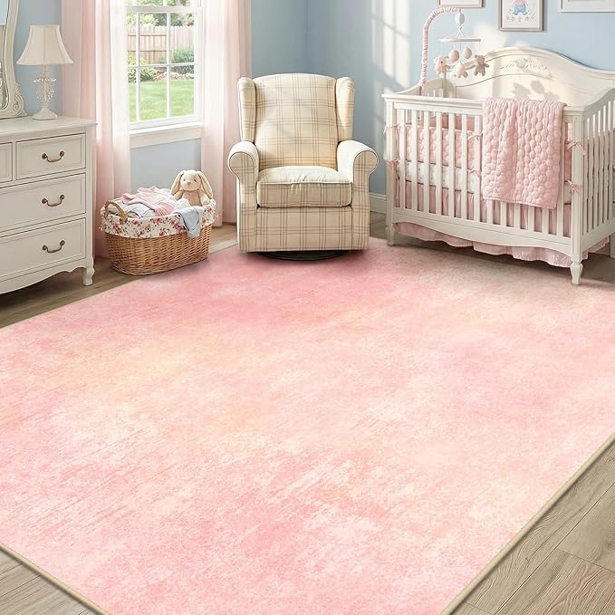Washable Area Rugs 8'x10' Non-Slip Modern Abstract Soft for Living Room Entryway Bedroom Nursery, Print Pattern, Light Pink