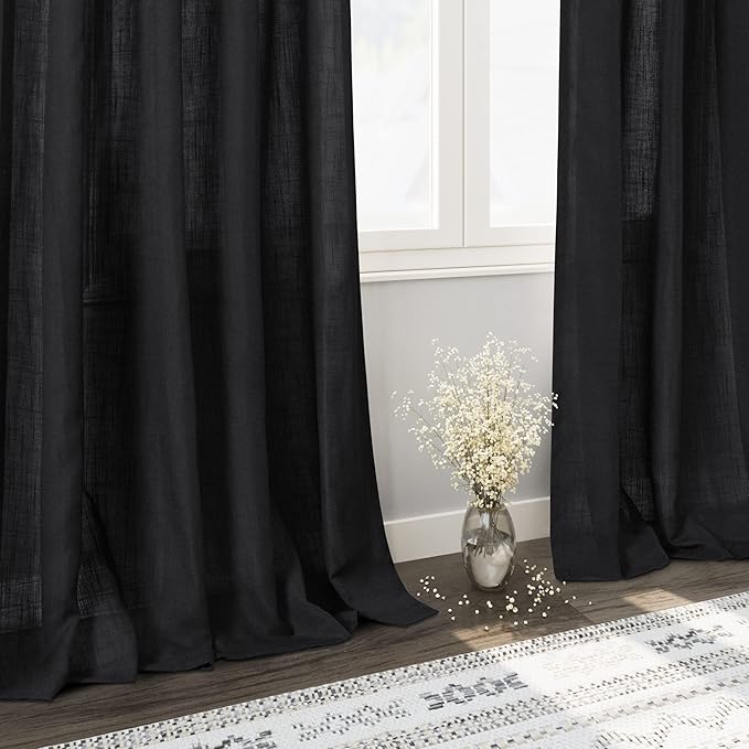 Black Linen Curtains 144 inch Extra Long for Living Room Back Tab Light Filtering Semi Sheer Drapes Modern Farmhouse Muslin Look Decor Cotton Textured Curtain for Floor to Ceiling Window 12 FT