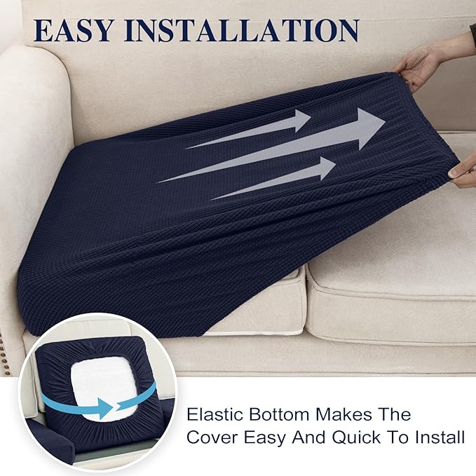 Couch Cushion Covers for Sectional Sofa L Shape Washable Separate Seat Chaise Couch Cover Stretch Sofa Slipcovers with 2 Pcs Pillowcases(2 Seater + 1 Chaise, Navy)