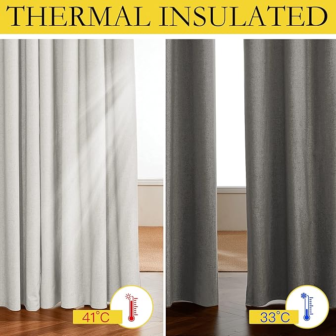 NICETOWN Extra Long Linen 100% Blackout Curtains 120 inches Length 2 Panels Set with Thermal Insulated Liners, Ivory, 62" Width, Farmhouse Style Window Draperies for Patio Sliding Glass Door