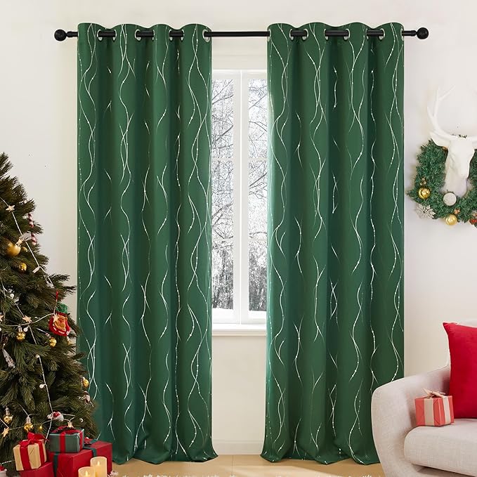 Deconovo Green Curtains, Christmas Blackout Drapes, Thermal Insulated Soundproof Drape, Wave Line Dot Foil Print, 52 x 108 Inch, 2 Panels, Machine‑Washable Window Panel for Living Room Kitchen Nursery
