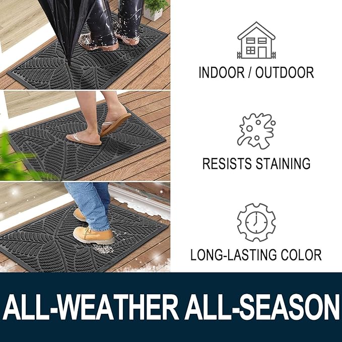 Colorxy Waterproof Doormat, Sturdy Natural Rubber Front Indoor Mat, Non Slip Low Profile Outdoor Door Mats, Stain and Fade Resistant Floor Mats, Easy Clean Patio Entry Mat, 30''x17'', Light Grey