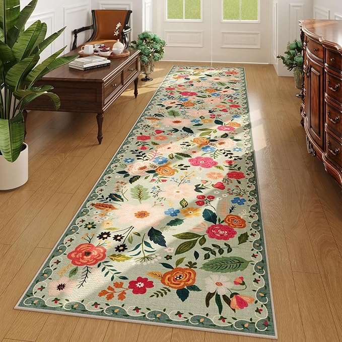 Rugcomf Runners for Hallways Kitchen Runner Rug Non Slip 2'x 10' Long Washable Rugs with Rubber Backing Soft Floral Carpet Runner for Hallways, Kitchen, Laundry, Bedroom, Bathroom(Green)